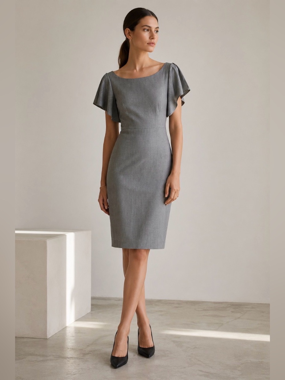 Milly Gray Wool Sheath Dress Flutter Sleeve Minimalist chic Workwear Size 6